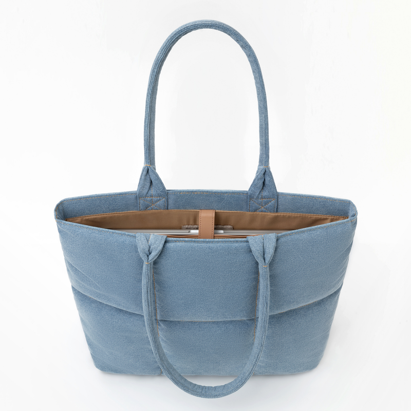 Askılı Puffy Laptop/Tablet Tote Çanta - Denim